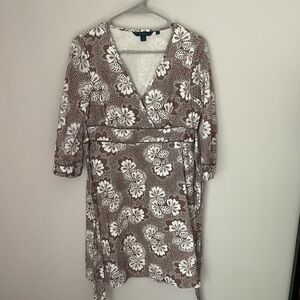 Boden Floral Long Sleeve Dress in Brown and White